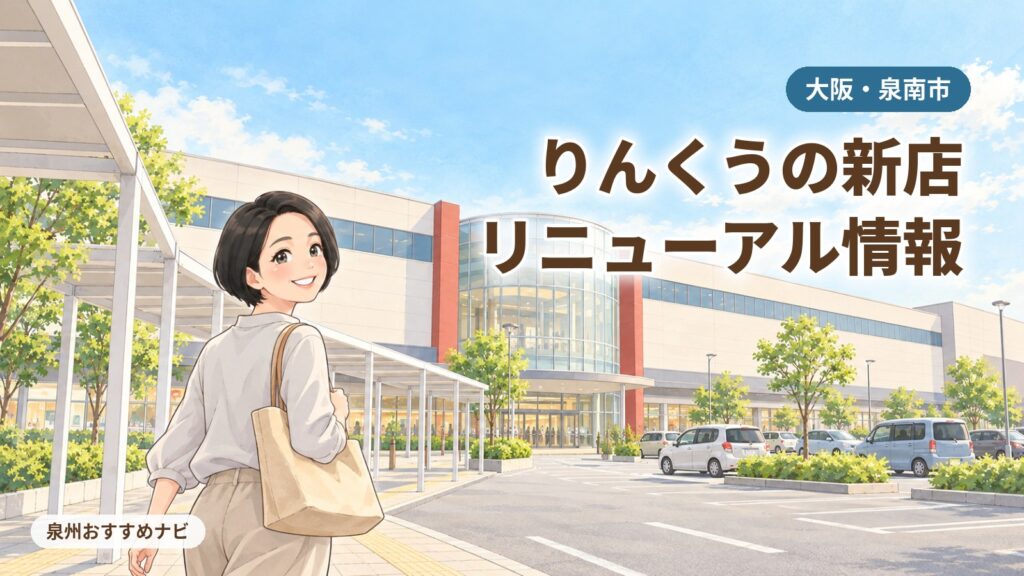 大阪・泉南市のイオンモールりんくう泉南の新店とリニューアルを紹介するアイキャッチ。ガラスの円筒形の入口へ歩きながら振り返る編集長の汐谷 那々子のイラスト