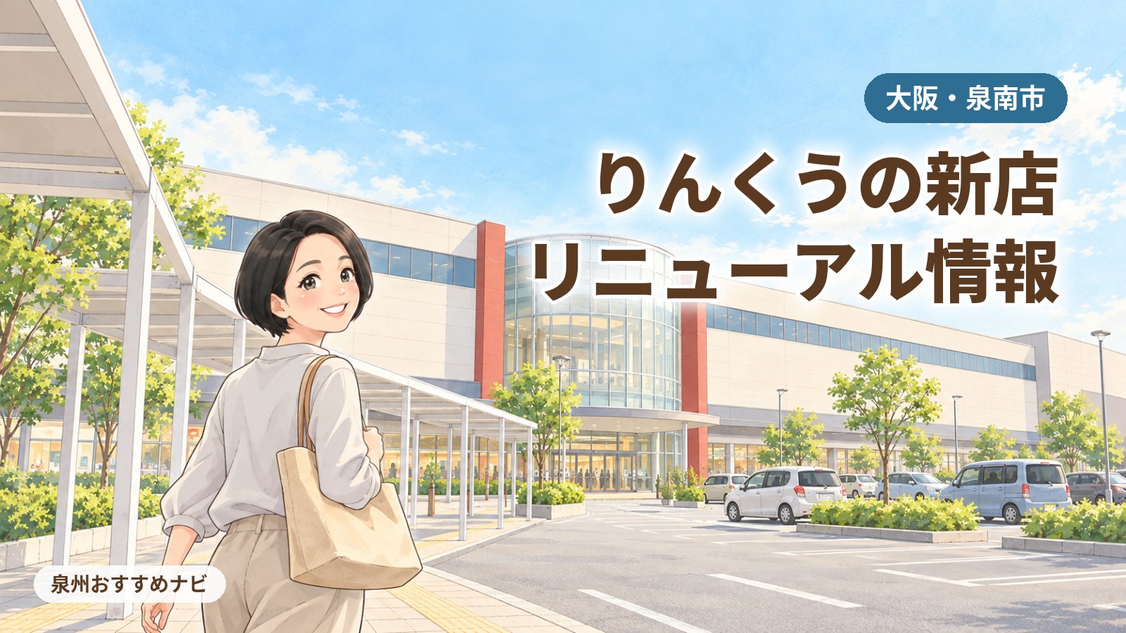 大阪・泉南市のイオンモールりんくう泉南の新店とリニューアルを紹介するアイキャッチ。ガラスの円筒形の入口へ歩きながら振り返る編集長の汐谷 那々子のイラスト