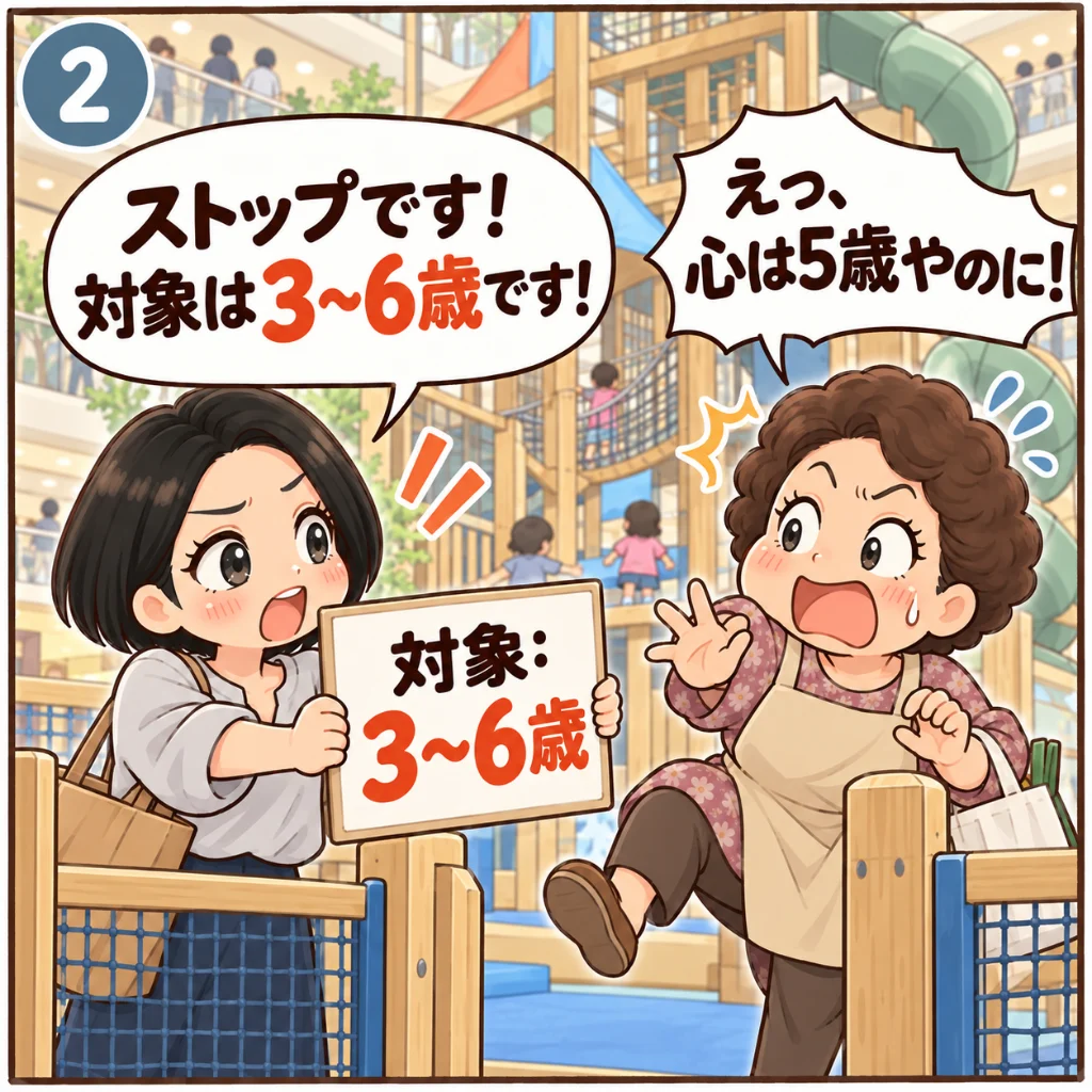 せんなんのひみつきちの対象年齢は3〜6歳。遊具に入ろうとするおばちゃんを「対象：3〜6歳」の札で止めて「ストップです！対象は3〜6歳です！」と言う汐谷 那々子と、「えっ、心は5歳やのに！」と驚く近所のおばちゃん（2コマ目）