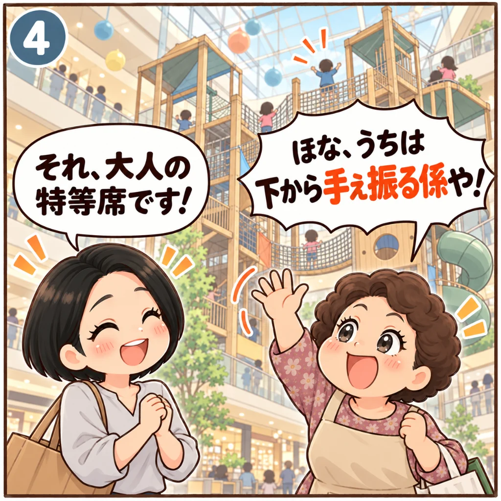 イオンモールりんくう泉南の遊び場での大人の過ごし方。遊具の上で遊ぶ子どもたちに下から大きく手を振り「ほな、うちは下から手ぇ振る係や！」と笑う近所のおばちゃんと、「それ、大人の特等席です！」と笑う汐谷 那々子（4コマ目）