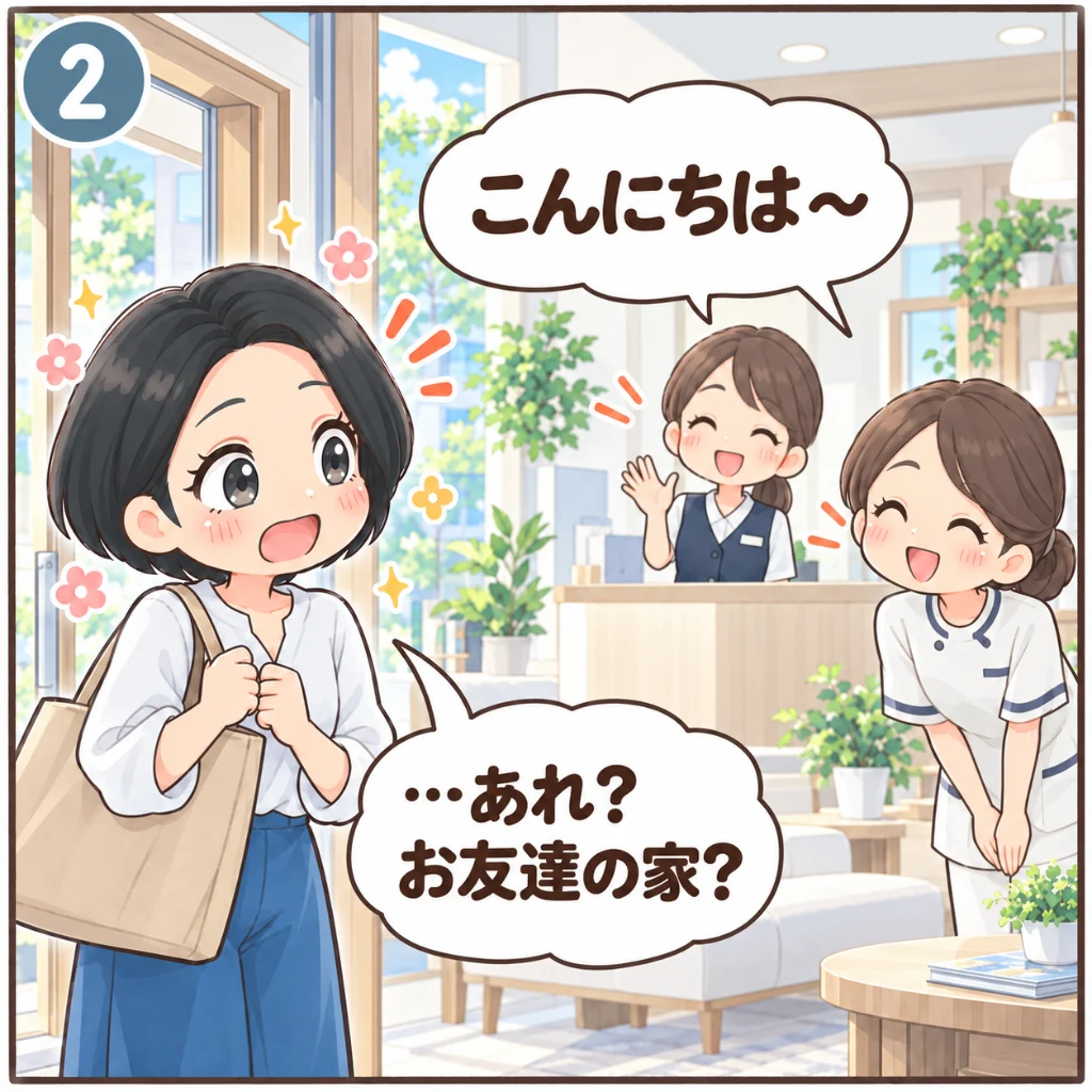歯医者の笑顔のスタッフと安心できる雰囲気。明るく清潔な待合室で「こんにちは〜」と笑顔で迎える受付と歯科衛生士に、「…あれ？お友達の家？」と肩の力が抜ける汐谷 那々子（2コマ目）