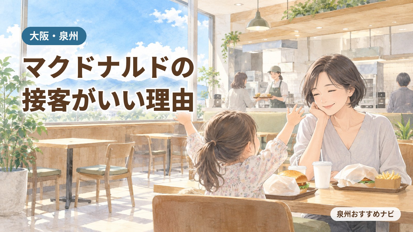 大阪・泉州のマクドナルドの接客がいい理由を紹介するアイキャッチ。ハンバーガーショップの席で喜ぶ娘を見守る汐谷 那々子と、トレーを渡す店員のイラスト