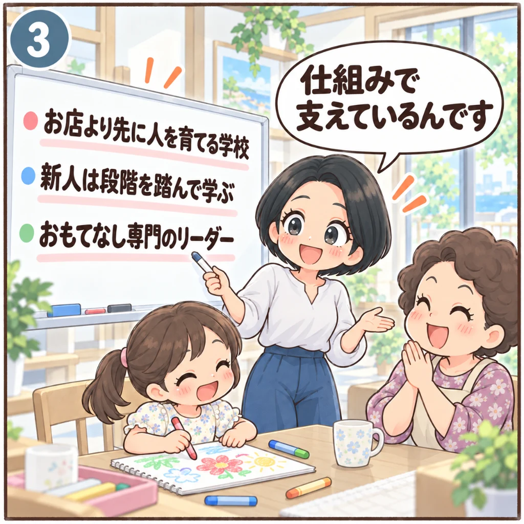 マクドナルドの人材育成とおもてなしの仕組み。「お店より先に人を育てる学校」「新人は段階を踏んで学ぶ」「おもてなし専門のリーダー」と書いたボードを指して説明する汐谷 那々子と、感心する近所のおばちゃん（3コマ目）