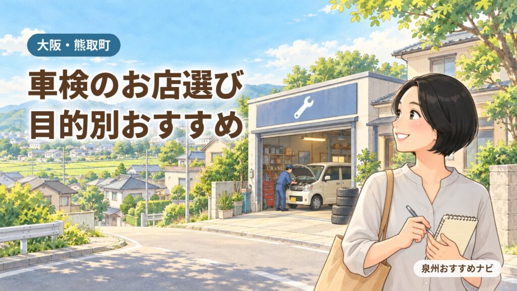 大阪・熊取町の車検のお店選びを目的別に紹介するアイキャッチ。町の整備工場で点検中の軽自動車を、メモ帳を持った編集長の汐谷 那々子が見守るイラスト