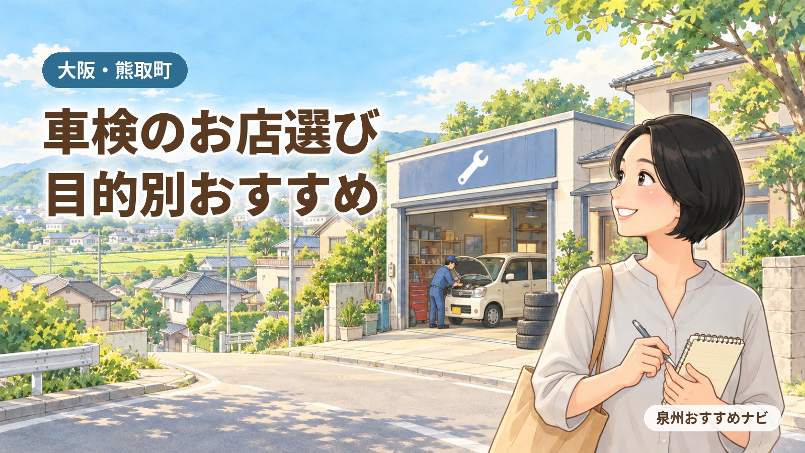 大阪・熊取町の車検のお店選びを目的別に紹介するアイキャッチ。町の整備工場で点検中の軽自動車を、メモ帳を持った編集長の汐谷 那々子が見守るイラスト