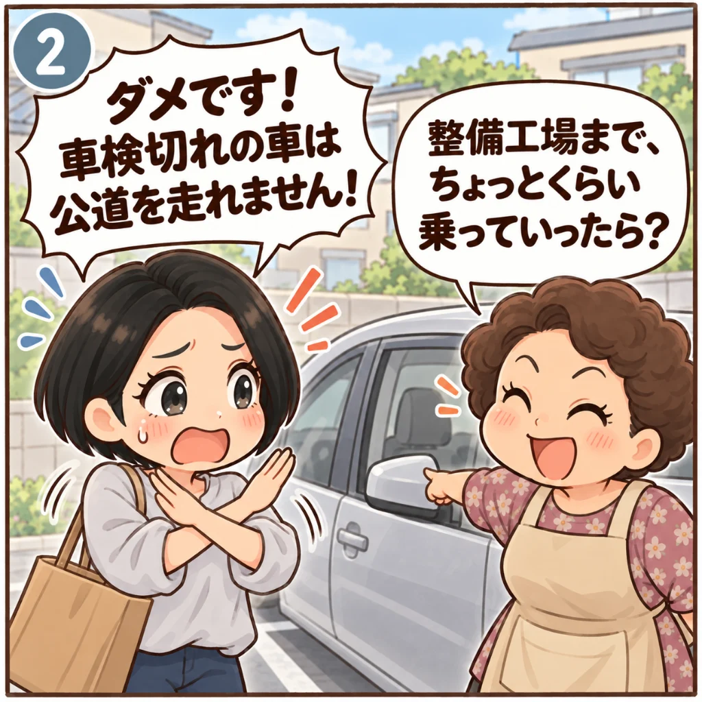 車検切れの車は公道を走れない。「整備工場まで、ちょっとくらい乗っていったら？」と運転席を指さす近所のおばちゃんを、「ダメです！車検切れの車は公道を走れません！」と両腕で×を作って止める汐谷 那々子（2コマ目）