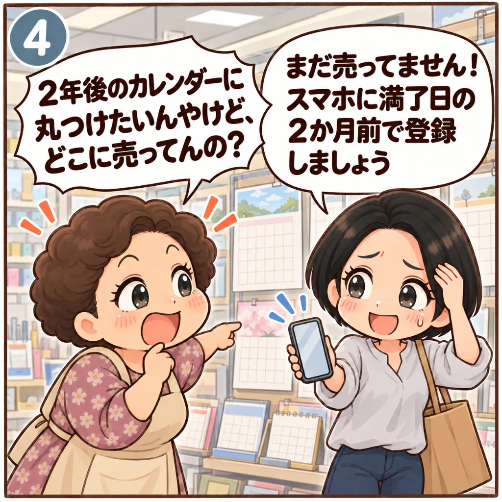 次の車検の時期を忘れない方法。文房具店のカレンダー売り場で「2年後のカレンダーに丸つけたいんやけど、どこに売ってんの？」と探し回る近所のおばちゃんに、「まだ売ってません！スマホに満了日の2か月前で登録しましょう」と苦笑いでスマホを差し出す汐谷 那々子（4コマ目）