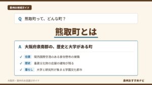 熊取町とはどんな町かを、大阪府泉南郡の位置、重要文化財の庄屋の建物が残る歴史、大学が集まる暮らしの3点に分けて問いと答えの形で示したアイキャッチ画像