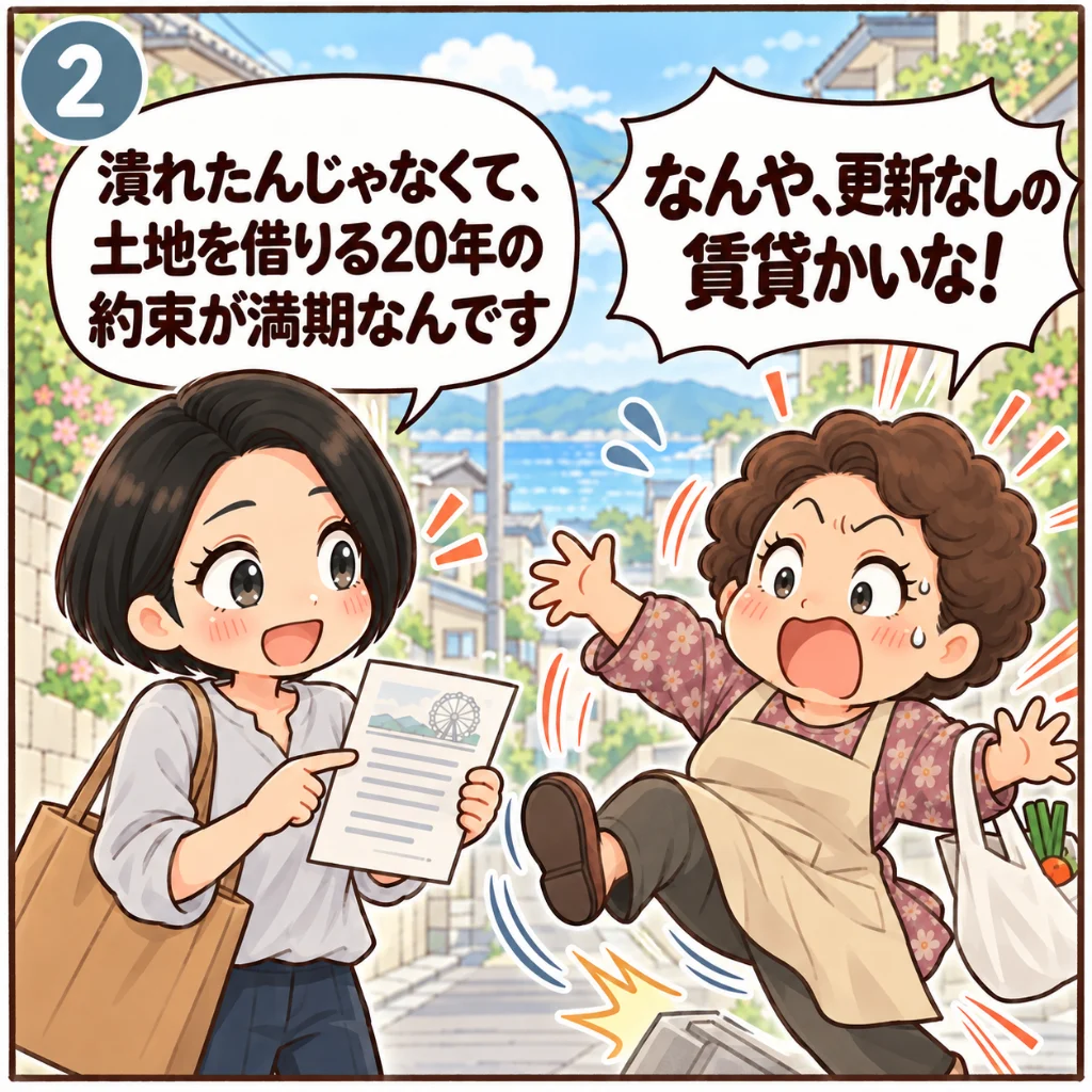 りんくうシークルの閉館の理由は借地契約の満期。書類を見せて「潰れたんじゃなくて、土地を借りる20年の約束が満期なんです」と話す汐谷 那々子と、「なんや、更新なしの賃貸かいな！」とずっこける近所のおばちゃん（2コマ目）