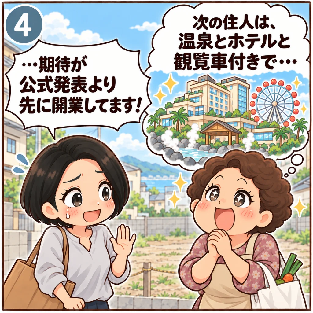 りんくうシークルの跡地の再開発の続報の待ち方。温泉とホテルと観覧車が詰まった夢の建物を思い浮かべて「次の住人は、温泉とホテルと観覧車付きで…」とうっとりする近所のおばちゃんに、「…期待が公式発表より先に開業してます！」と苦笑いする汐谷 那々子（4コマ目）