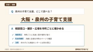 大阪・泉州の子育て支援を市町ごとに比べる記事のアイキャッチ。相談窓口・乳幼児健診・子育て広場の調べ方を示す図