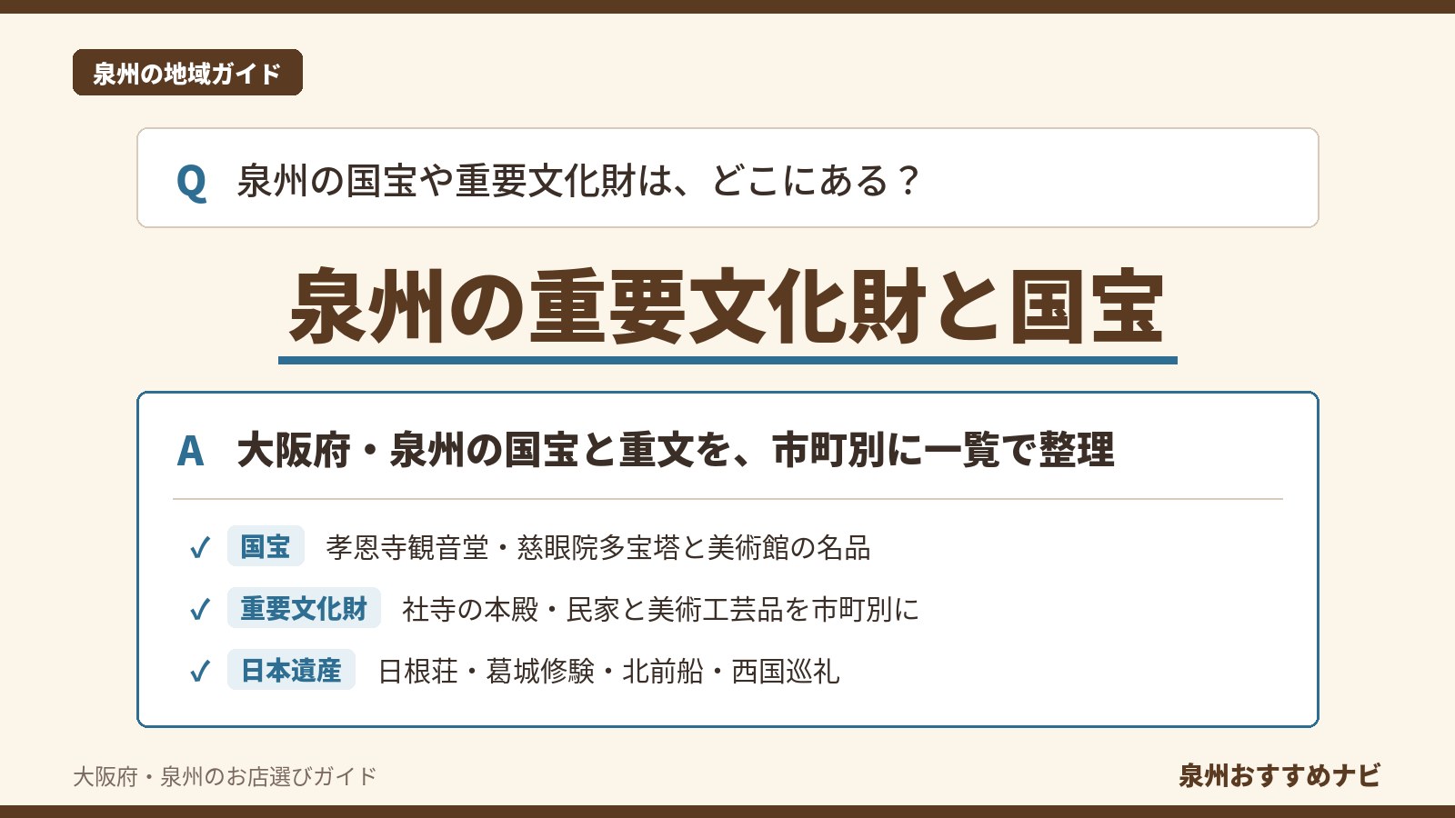 泉州の重要文化財と国宝の一覧を表すアイキャッチ。泉州の国宝や重要文化財はどこにあるかという問いと答え、国宝・重要文化財・日本遺産の3つの要点を並べた図