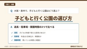大阪・泉州で子どもと行く公園の選び方を、遊具の対象年齢、駐車料金のしくみ、開いている時間と休園日の3つの観点で示した図