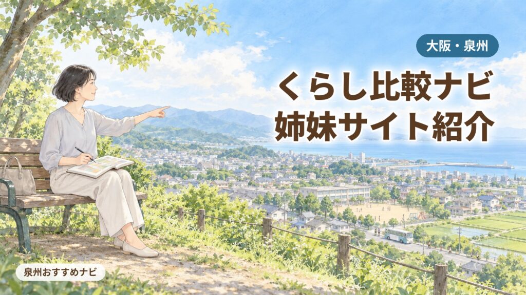 大阪・泉州12市町のくらしの制度を比べる姉妹サイトを紹介するアイキャッチ。丘のベンチでノートを広げてまちを指さす汐谷 那々子と、学校や田んぼ、海が広がる泉州のまちのイラスト