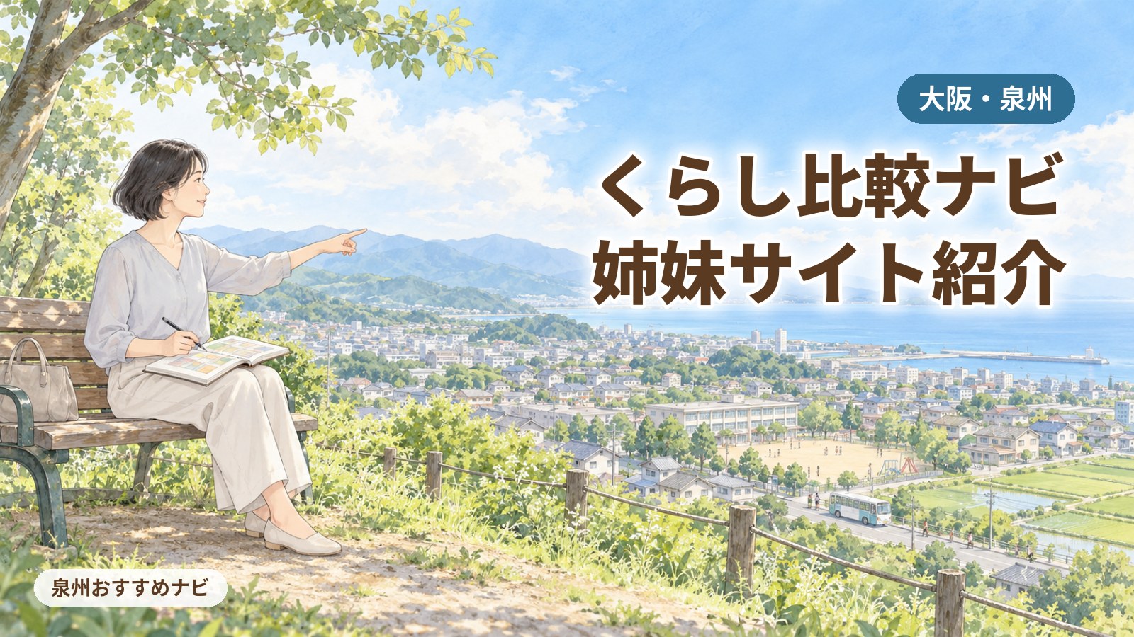 大阪・泉州12市町のくらしの制度を比べる姉妹サイトを紹介するアイキャッチ。丘のベンチでノートを広げてまちを指さす汐谷 那々子と、学校や田んぼ、海が広がる泉州のまちのイラスト