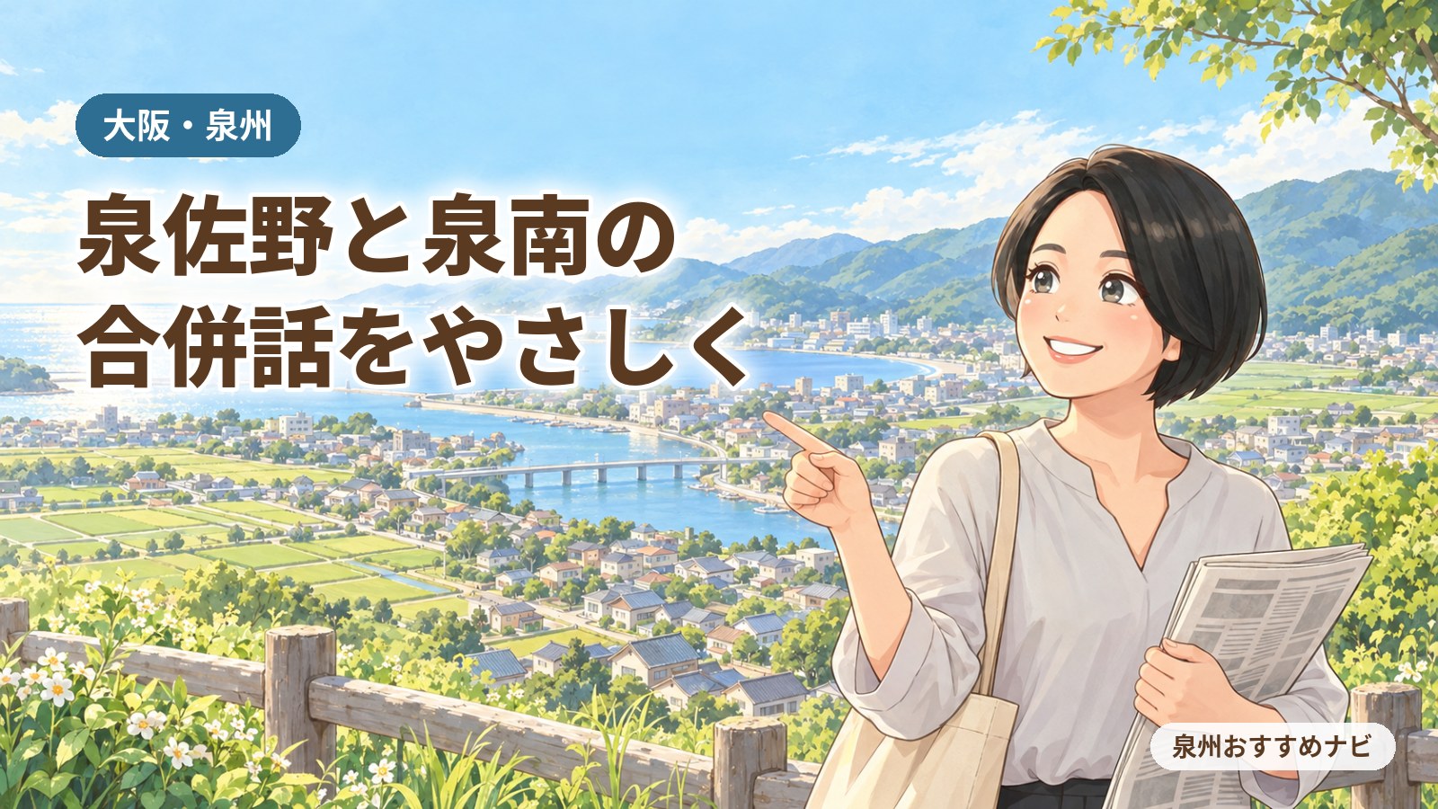 大阪・泉州の泉佐野市と泉南市の合併の話を解説するアイキャッチ。高台の公園で新聞を手に海沿いの町を指さす編集長の汐谷 那々子のイラスト