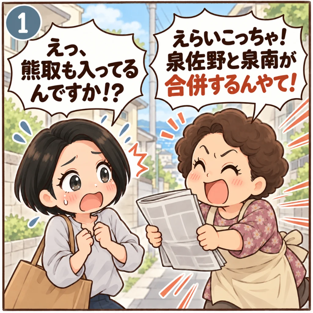 泉佐野市と泉南市の合併でよくある勘違い。新聞を握りしめて「えらいこっちゃ！泉佐野と泉南が合併するんやて！」と駆け込む近所のおばちゃんに、「えっ、熊取も入ってるんですか！？」と汗を飛ばして驚く汐谷 那々子（1コマ目）
