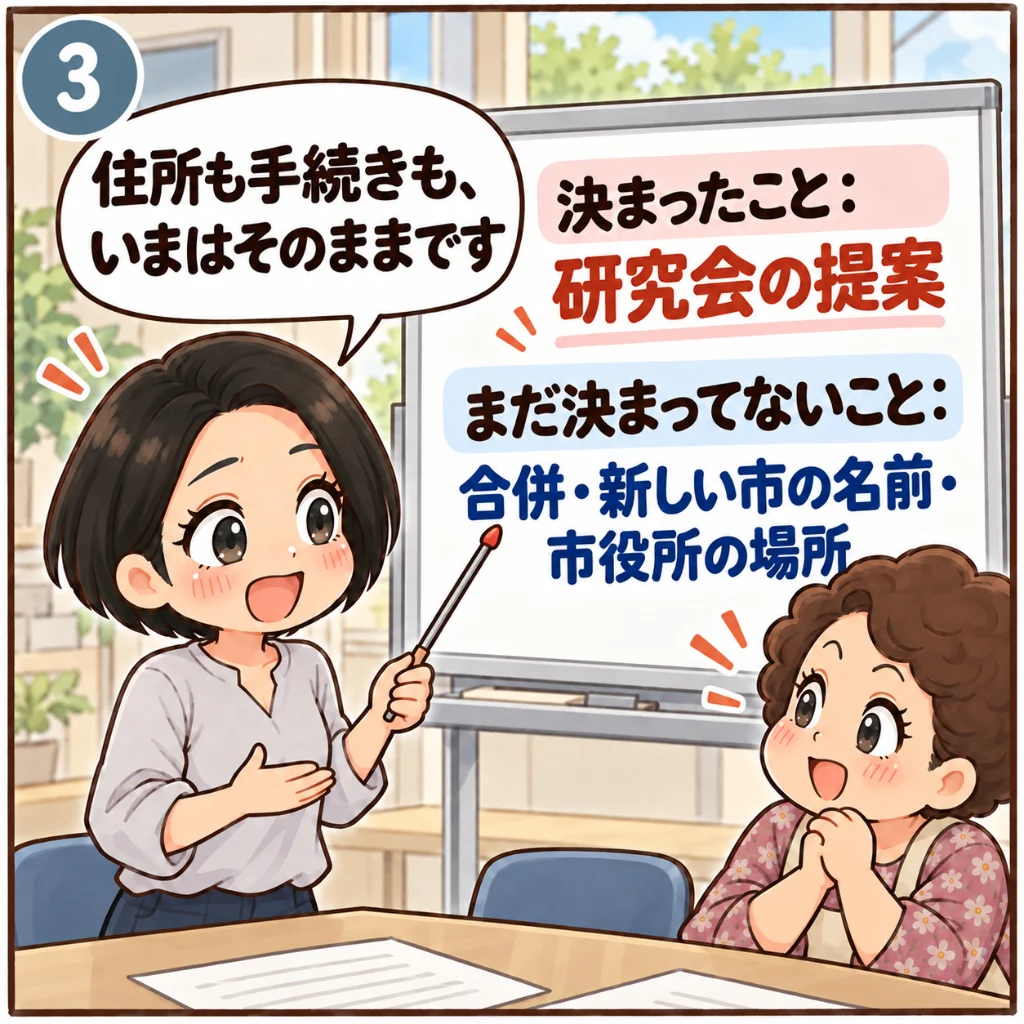 合併の話で住所や手続きは変わるかのポイント。「決まったこと：研究会の提案」「まだ決まってないこと：合併・新しい市の名前・市役所の場所」と書いたホワイトボードを指し、「住所も手続きも、いまはそのままです」と話す汐谷 那々子（3コマ目）