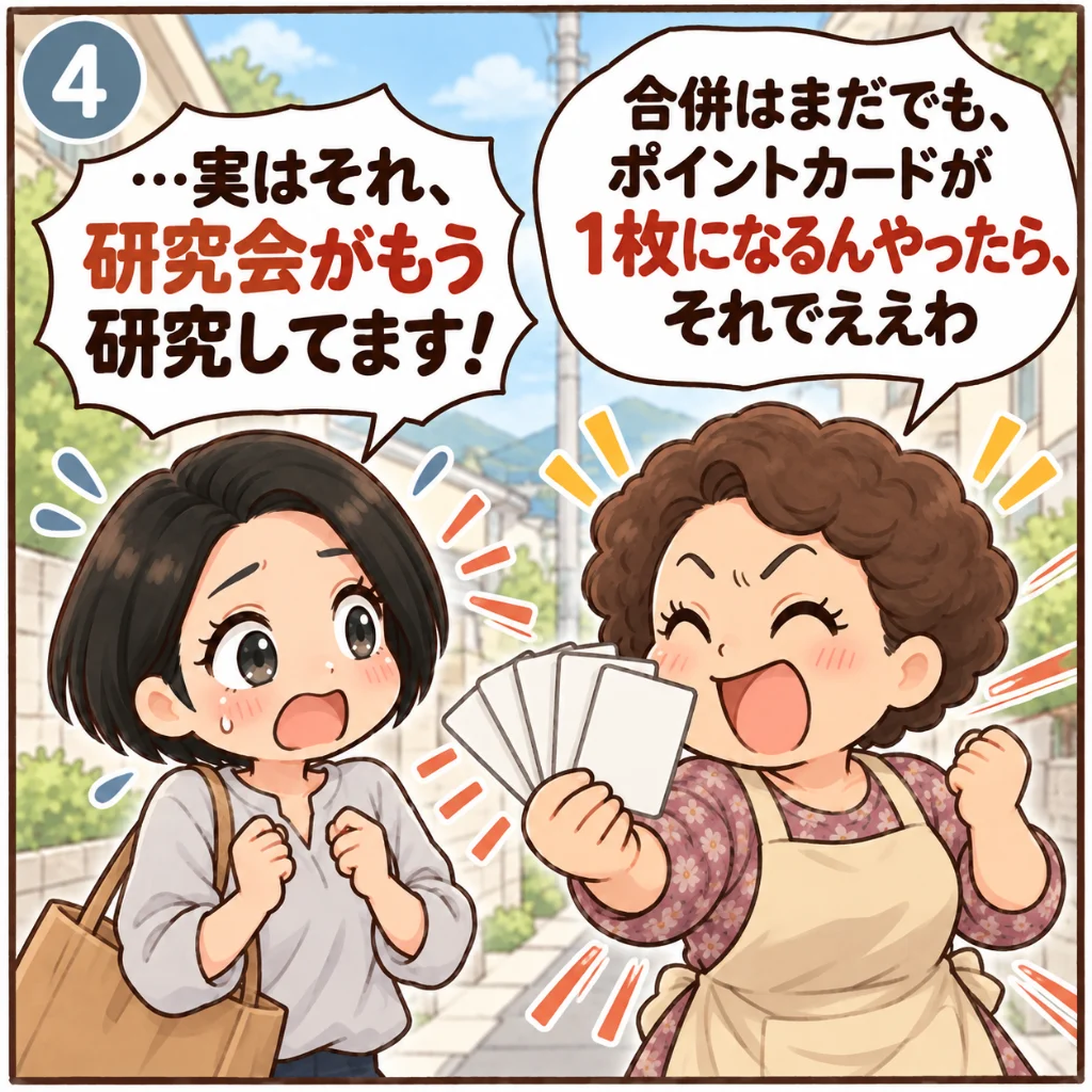 合併の前から研究されている地域ポイントの広域化。無地のポイントカードの束を広げて「合併はまだでも、ポイントカードが1枚になるんやったら、それでええわ」と笑う近所のおばちゃんに、「…実はそれ、研究会がもう研究してます！」と目を丸くする汐谷 那々子（4コマ目）